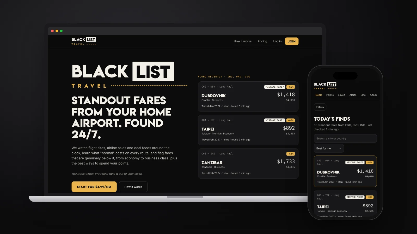 Black List Travel airfare deals app shown on a laptop and phone, designed and developed by Market★TING