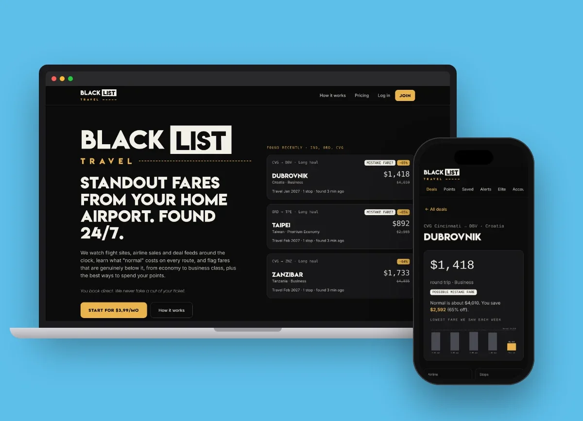 Black List Travel airfare deals app on a laptop and phone
