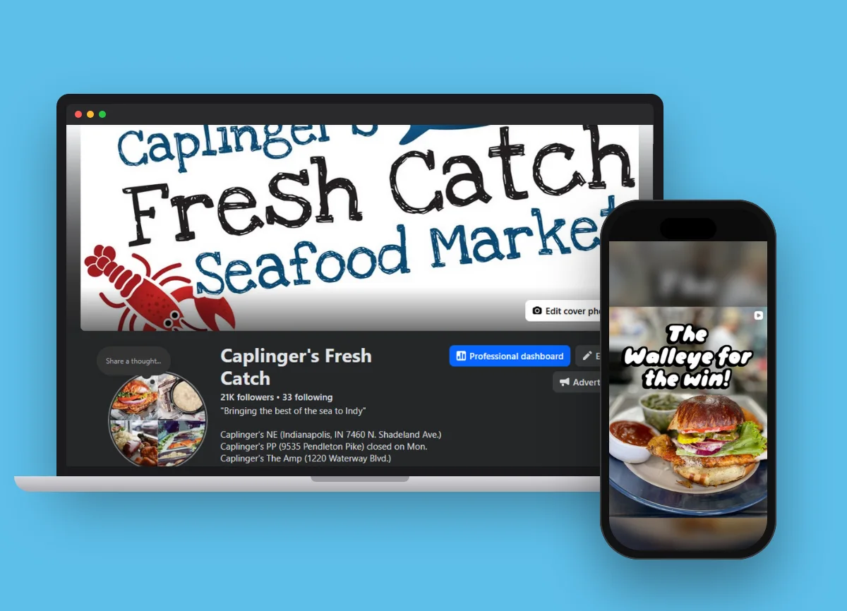 Caplinger’s Fresh Catch social media on a laptop and phone