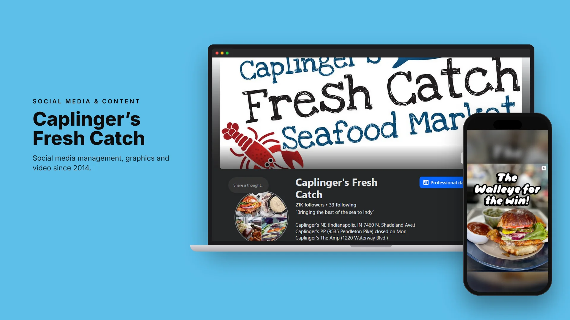 Caplinger’s Fresh Catch Facebook page and Instagram reel on a laptop and phone, managed by Market-ting
