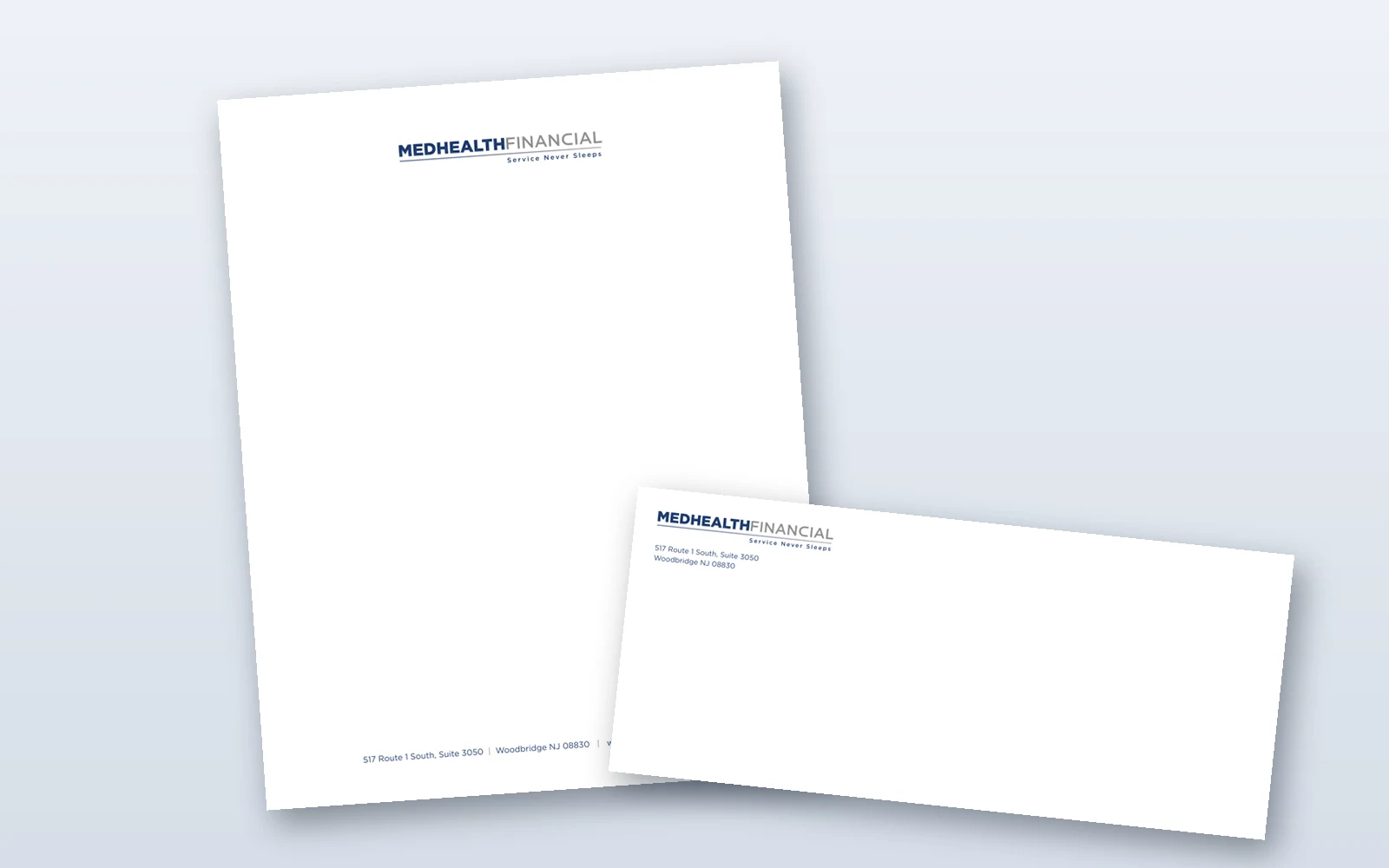 Medhealth Financial letterhead and envelope designed by Market-ting