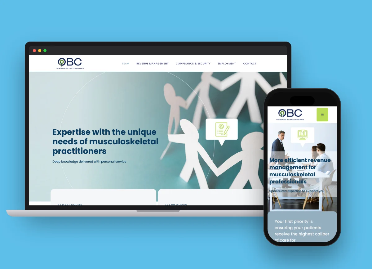Orthopedic Billing Consultants website on a laptop and phone, built and supported by Market-ting