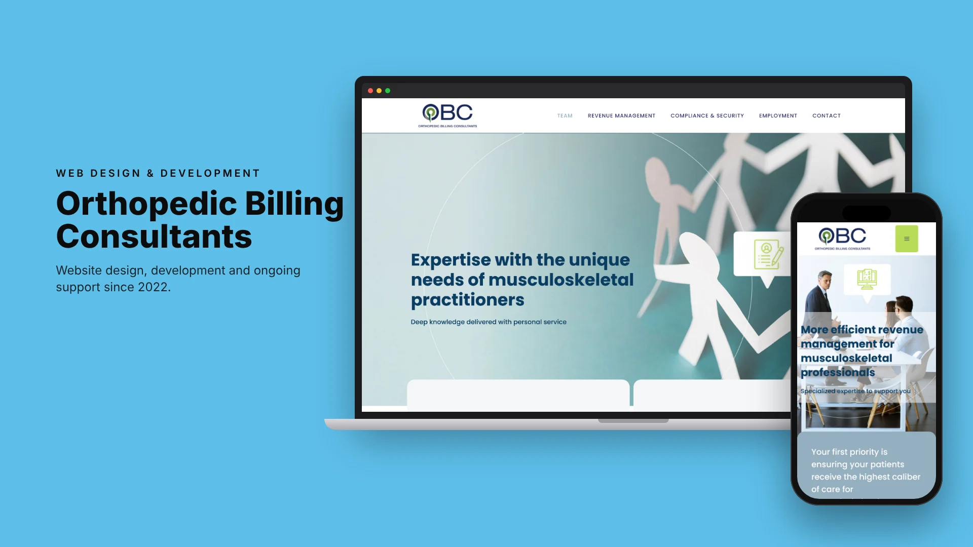 Orthopedic Billing Consultants website on a laptop and phone, built and supported by Market-ting